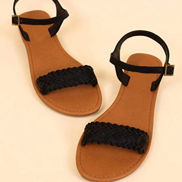 Black Braided Ankle Strap Flat Sandals - Picture 2 of 5